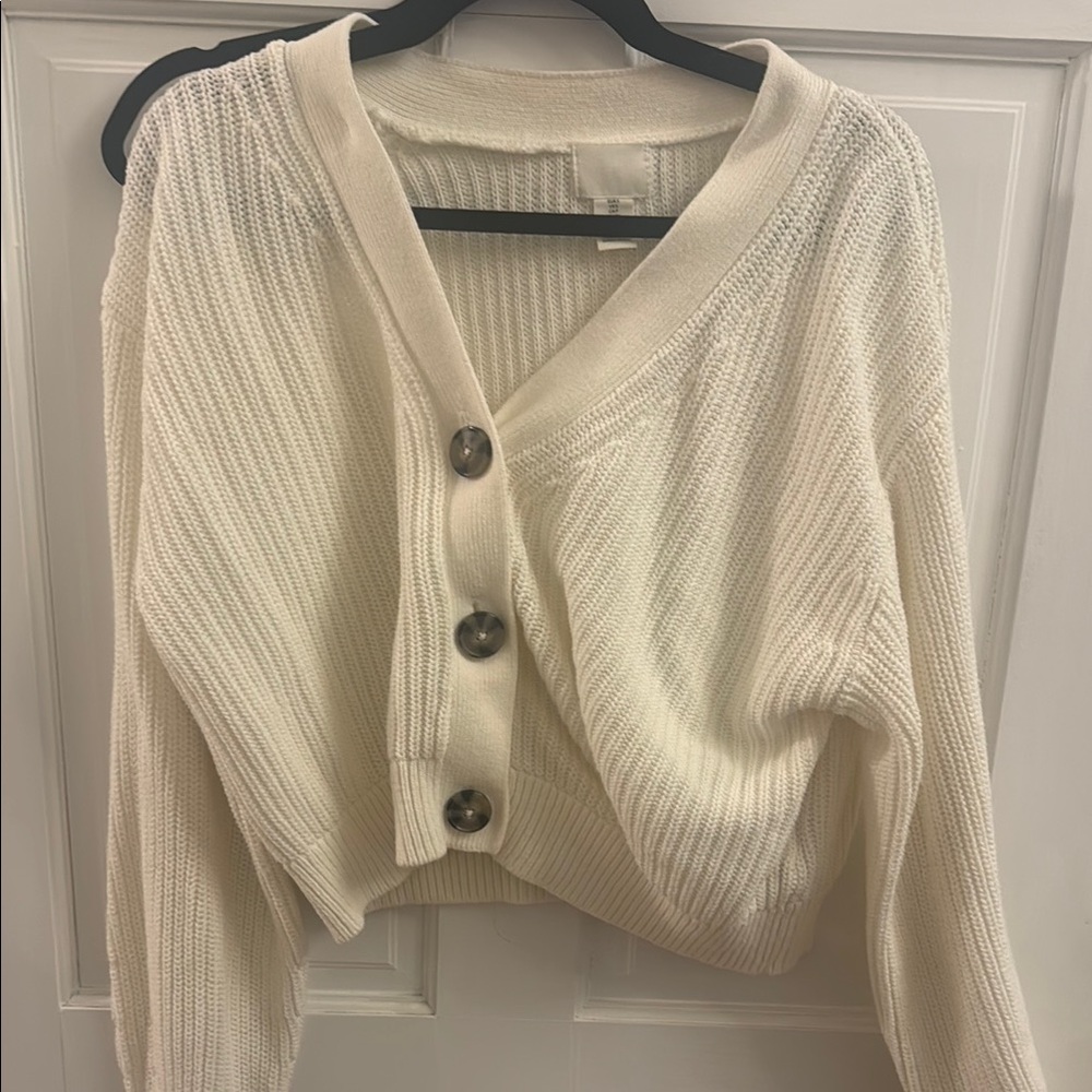 White Button-Front Cropped Knit Sweater